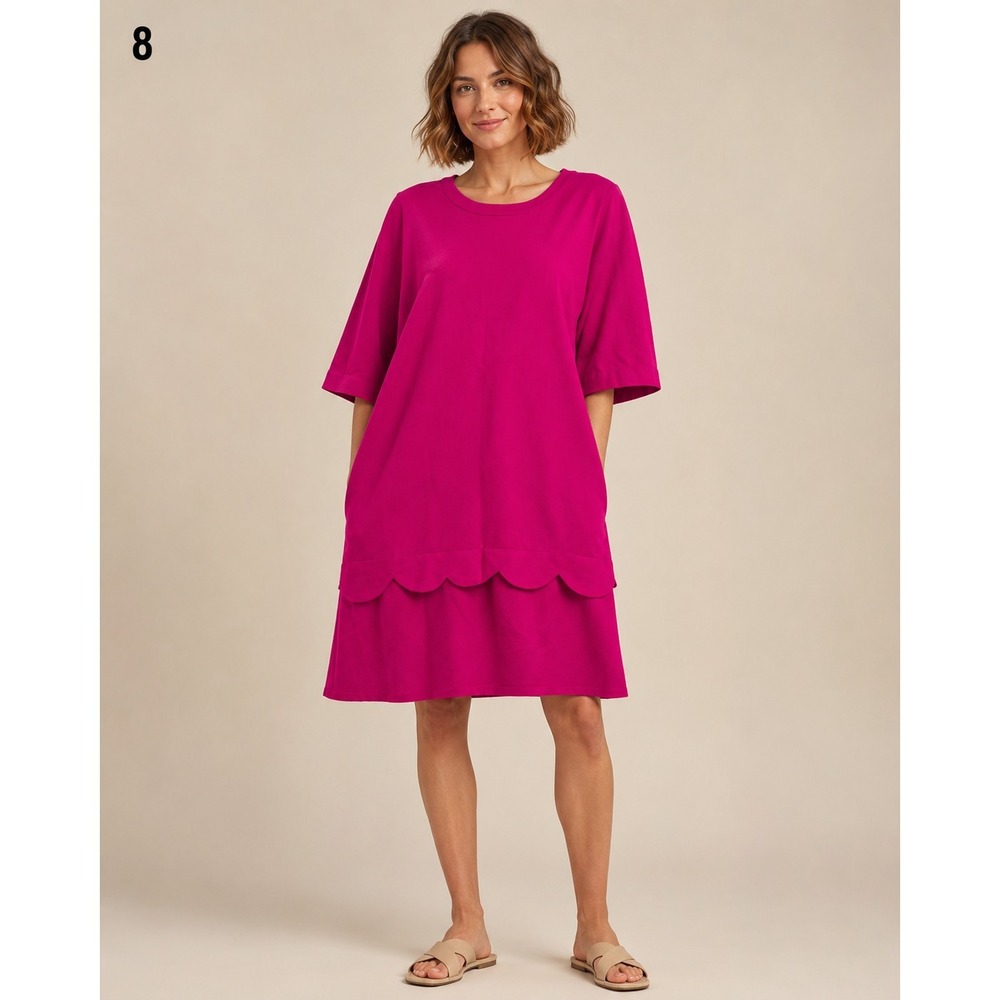 Kate Spade Midi Dress Womens 2 Pink Scallop Hem 3/4 Sleeve Button Nape Lined